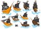 Set of various types stylized cartoon pirate ships illustration with black sails. Galleons with image Jolly Roger. Cute