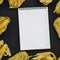 Set of various uncooked pastafettuccine, pappardelle, tagliolini and blank notebook on black surface, top view. Space for text