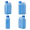 Set of various view of plastic bottle with blue antifreeze on white