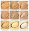 Set of various wheat grains in wood spoons closeup