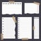 Set of various white note papers with curled corner, pinned pushbutton, ready for your message.