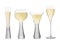 Set of various  wine and yellow champagne crystal luxury glasses on white.Flute,prosecco and ballon shape glasses