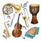 Set of variouse musical instruments and symbol watercolor illustration isolated.