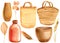 Set of vases, baskets, straw bags, Leaves, plants in a basket on a white background, watercolor illustration