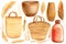 Set of vases, baskets, straw bags, Leaves, plants in a basket on a white background, watercolor illustration