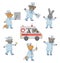 Set of vector animal doctors with ambulance car. Cute funny characters and special emergency transport van. Medical picture for