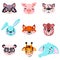 Set of vector animals in cartoon style. Cute smiley pig, panda, beaver, walrus, penguin, elephant, giraffe, llama. Cute animal fac