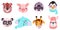 Set of vector animals in cartoon style. Cute smiley pig, panda, beaver, walrus, penguin, elephant, giraffe, llama. Cute animal fac