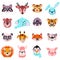 Set of vector animals in cartoon style. Cute smiley pig, panda, beaver, walrus, penguin, elephant, giraffe, llama, raccoon, deer,