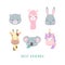 Set of vector animals in cartoon style. Cute smiley unicorn, bunny, llama, cat, giraffe, koala faces, isolated on white