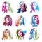 Set of vector art portraits of females, drawn in minimalism style. Colorful illustration of women expressing different emotions.