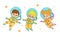 Set of vector astronaut kids. Girls and boys in astronaut costume flies