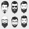 Set of vector bearded hipster men faces with different haircuts, mustaches, beards. Trendy man avatar, emblem, male icon