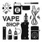 Set of vector black silhouette icons for vape shop