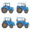 A set of vector blue single tractors isolated on white background for design