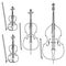 Set of vector bowed stringed musical instruments drawn by lines.