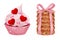Set vector bright valentines day cupcake and stack of oatmeal cookies, hearts and bows