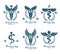 Set of vector Caduceus logotypes can be used in cardiology, rehabilitation and as medical clinic emblems.