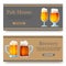 Set of vector cartoon banners with beer glasses for bar, pub, beershop or brewery. Ale and dark beer. Advertising