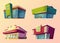 Set of vector cartoon buildings of modern supermarkets and old shops