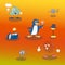 Set of vector cartoon characters in different emotions and poses: bubble, penguin, spring and pyrimid on a colorful