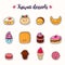 Set of vector cartoon doodle icons dessert, cake, ice cream, sweets food. Illustration of comic baking. Patch, badge