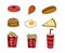 Set of vector cartoon doodle icons junk food.