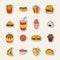 Set of vector cartoon doodle icons junk food. Illustration of comic fast food. Patch, badge