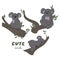 Set of vector children\\\'s colorful illustration of three koalas on a branch in a cartoon hand drawn style for printing on children