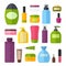 Set of vector colorful cosmetic bottles. Tubes and vials cosmetics. Tools for beauty and cleanser, skin and body care