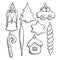 Set of vector contoured glass toys, decorations for xmas tree, doodle style. Clipart for Merry Christmas and New Year