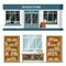 Set of vector detailed flat design bookstore facade and interior.