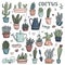 Set of vector doodle icons of home plants in pots. Cute pastel colored lined cacti and succulents in different shapes