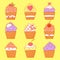 A set of vector doodle images of cupcakes. Freehand outline food