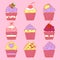 A set of vector doodle images of cupcakes. Freehand outline food