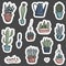 Set of vector doodle stickers of home plants in pots. Cute pastel colored lined cacti and succulents in different shapes