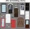Set of vector doors for buildings. Flat illustration of different types, designs and styles of door structures. The