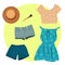 Set of vector drawings of summer women`s clothing, dress, shorts, hat. Elements for creating summer banners, advertising