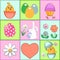 Set of vector Easter cards , background with colored funny chickens, eggs and flowers