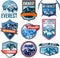 Set of Vector Everest mountain logo. Emblem with highest peack in world. Mountaineering label