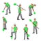 A set of vector figures of an asian worker with a shovel standing, walking, digging