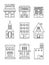 Set of vector flat black and white icons of buildings