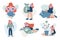Set vector flat cartoon illustrations. The girl carries a bag of money, shakes the piggy bank with coins, empty pockets