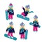 Set of vector flat cartoon snowboarders riding and jumping.