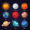 Set of vector flat doodle cartoon icons planets of solar system. Children education. Wallpaper, background, symbols