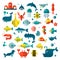 Set of vector flat sealife elements, plants and sea animals - shark, jellyfish, octopus and others. Collection of modern