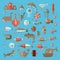 Set of vector flat sealife elements, plants and sea animals - shark, jellyfish, octopus and others. Collection of modern