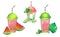 Set of vector glasses with summer drinks decorated with slices of fruits and leaves. Juice, soda and mojito. Drinks with ice