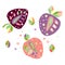 Set of vector hand drawn childish juicy, fruits. Cute childlike strawberry, leaves, seeds, drops. Doodle, sketch, cartoon style. G