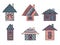 Set of vector hand drawn decorative stylized childish houses. Doodle style, graphic illustration. Ornamental cute hand drawing in